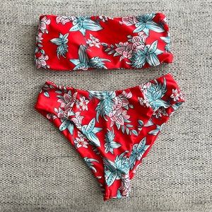 Red floral strapless bikini set